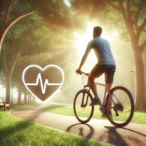 Homem andando de bicicleta no parque cuidando da saúde do seu coração