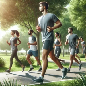 Grupo caminhando no parque para cuidar da saúde do coração