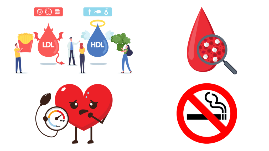 Fatores de risco para doença cardiovascular: Colesterol alto, pressão alta, diabetes, tabagismo